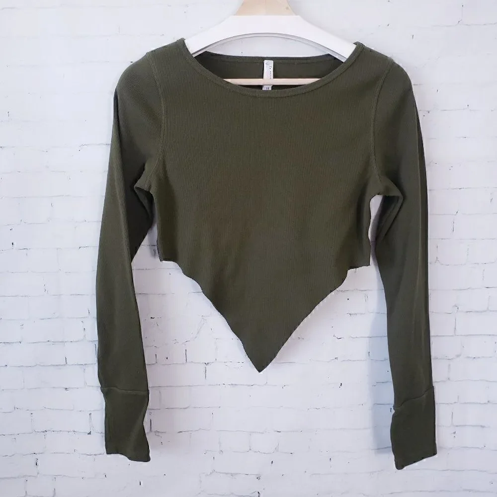 Free People Movement Long Sleeve Ribbed Knit Knot Front Cropped Top Size L Green